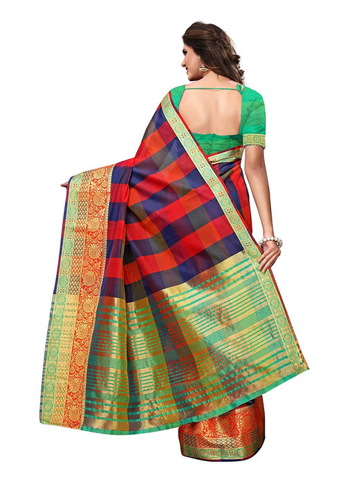 Red, Navy Blue Color Cotton Silk Saree