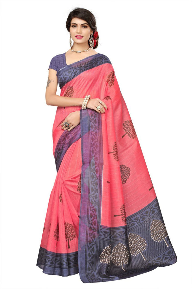 Printed Bhagalpuri Art Silk Pink with Blue color Saree only in Bigswipe