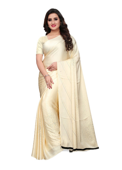 Cream Color Satin Printed Work Saree only in Bigswipe