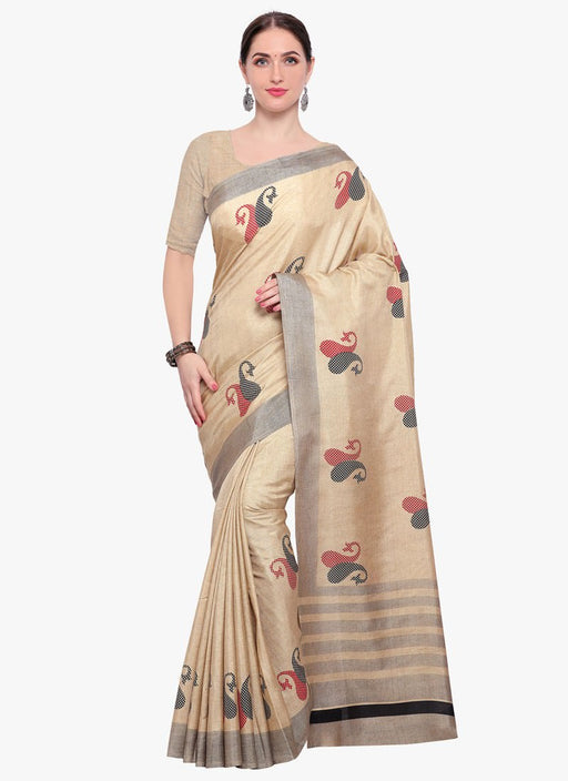 Beige, Black Color Terylene Saree only in Bigswipe