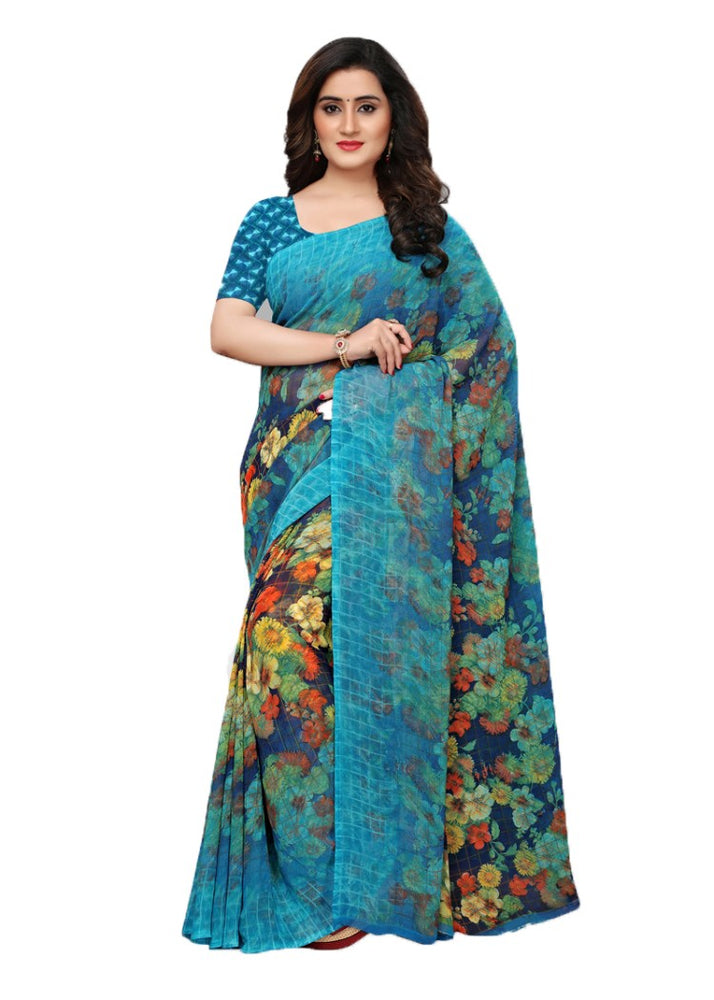 Blue, Multi Color Georgette Printed Work Saree only in Bigswipe