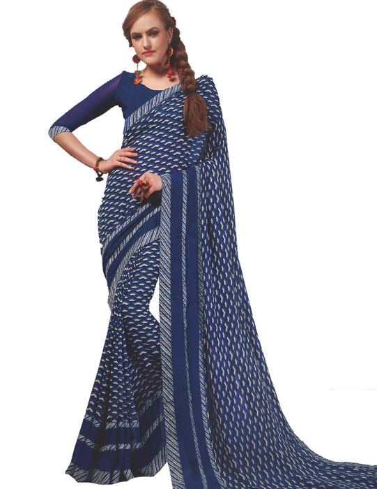 Georgette Digital Saree With Blouse Dark Blue Color Saree only in Bigswipe