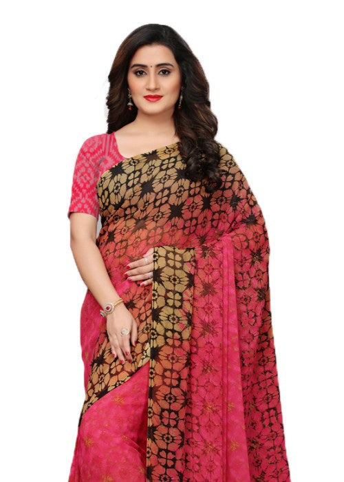 Pink, Brown (Dark Brown), Multi Color Georgette Printed Work Saree only in Bigswipe