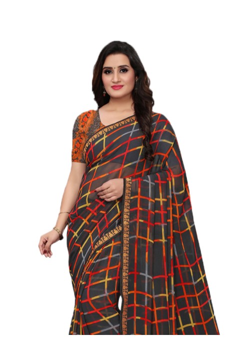 Grey, Multi Color Georgette Printed Work Saree only in Bigswipe