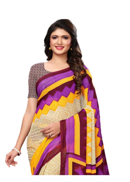 Beige, Purple, Multi Color Georgette Printed Work Saree only in Bigswipe