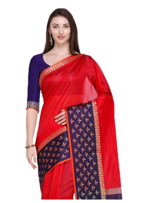 Red Color Tussar Silk (Poly Silk) Plain Work Saree