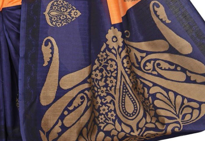 Printed Bhagalpuri Art Silk orange with Navy Blue Color Saree only in Bigswipe