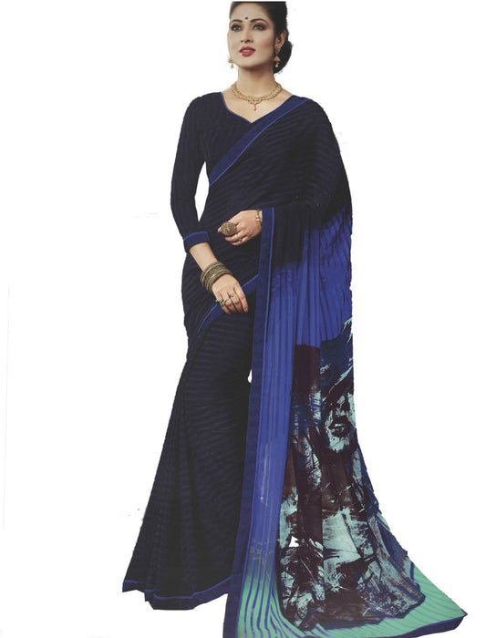 Georgette Digital Saree With Blouse-Dark Blue Color Saree only in Bigswipe