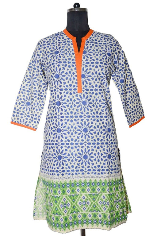 Orange Cotton V Neck Printed Kurti only in Bigswipe