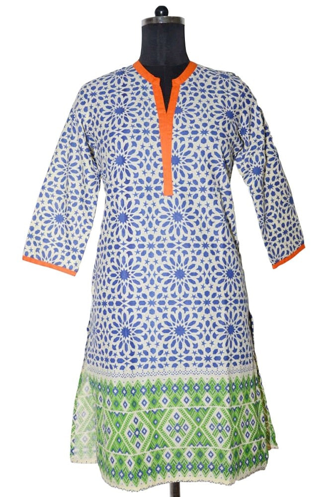 Orange Cotton V Neck Printed Kurti only in Bigswipe