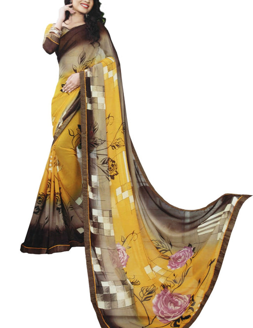 Chiffon Digital Color Printed Saree-Yellow,Brown only in Bigswipe