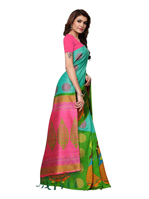 Turquoise, Green, Multi Color Poly Silk Saree