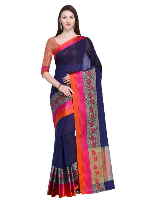 Navy Blue Color Cotton Silk Plain Work Saree only in Bigswipe