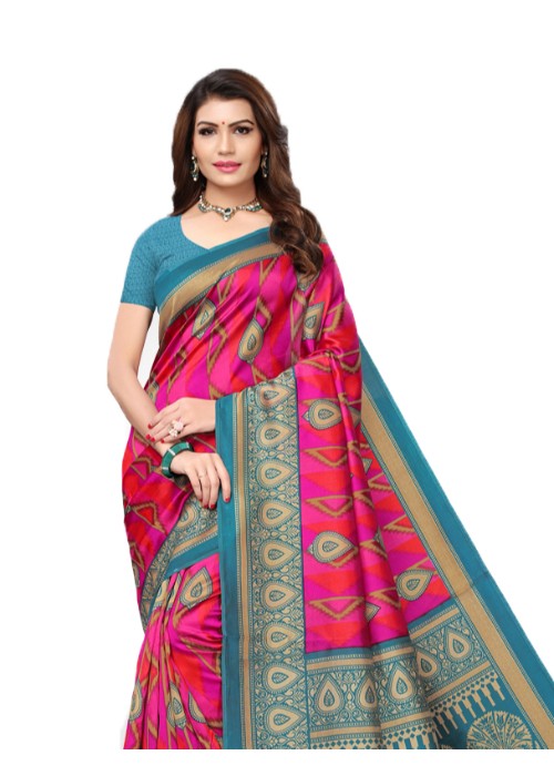 Turquoise, Pink, Multi Color Poly Silk Printed Work Saree