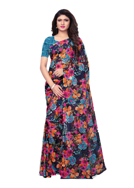 Navy Blue, Multi Color Chiffon Printed Work Saree only in Bigswipe