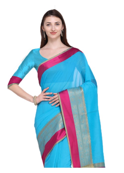 Blue Color Cotton Silk Plain Work Saree only in Bigswipe