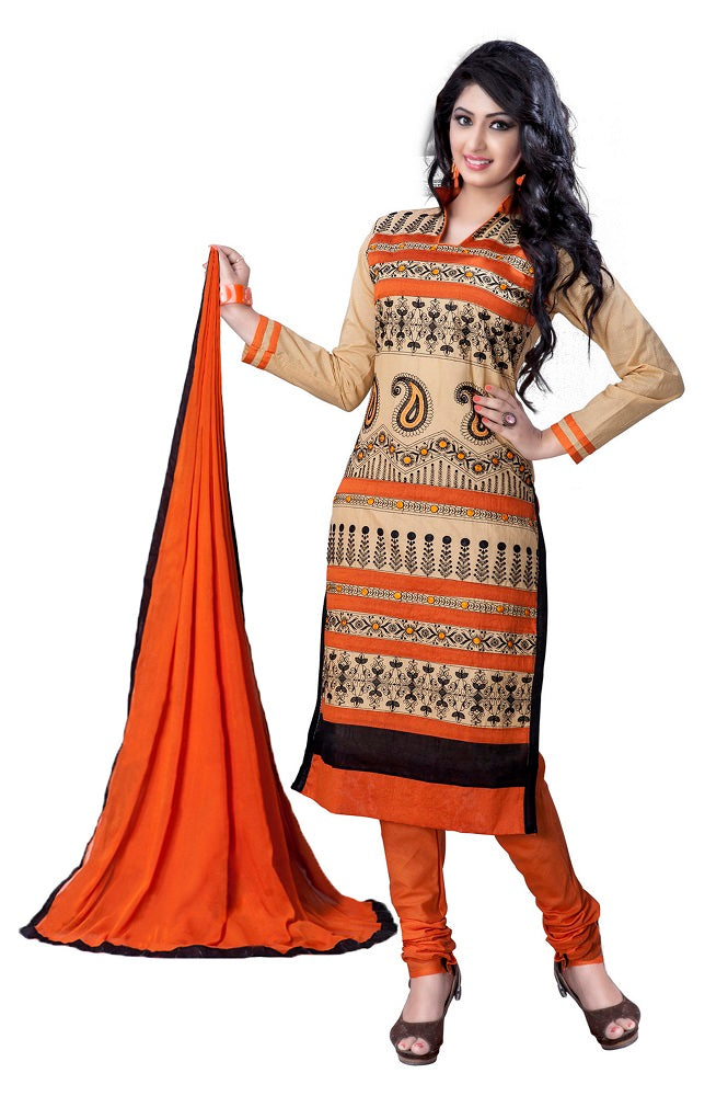 Beige and Orange Cotton Embroidered Dress Material only in Bigswipe