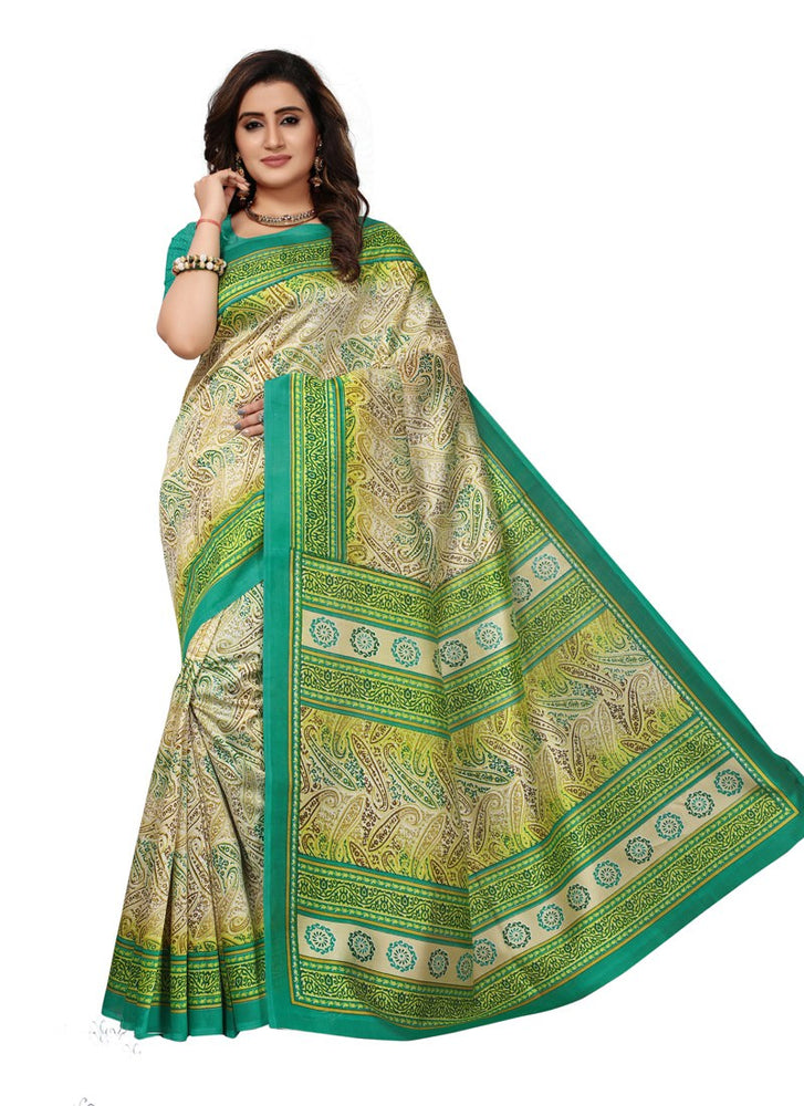 Beige, Turquoise Color  Poly Silk Saree only in Bigswipe