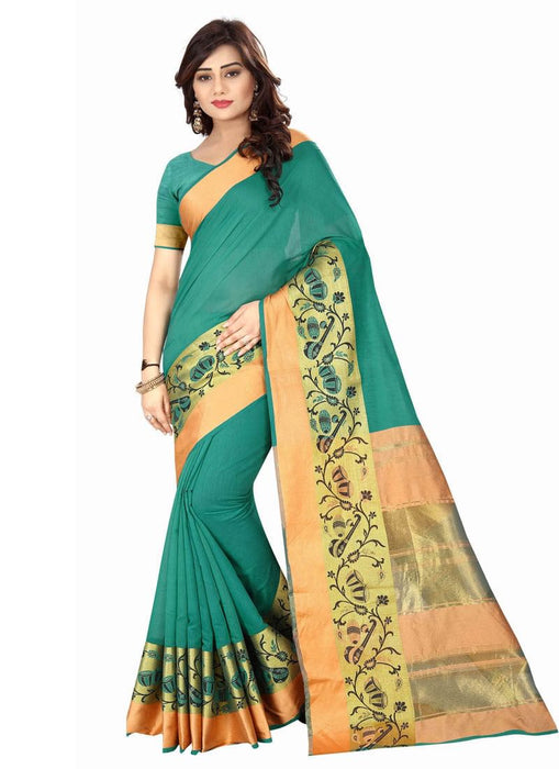 Peacock Green, Peach, Gold Color Cotton Silk Saree only in Bigswipe