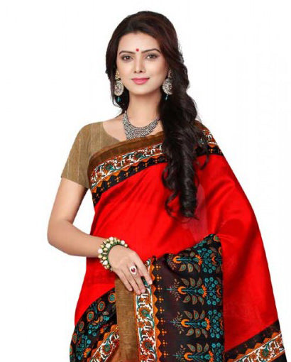 Printed Bhagalpuri Art Silk Red with Black color Saree only in Bigswipe