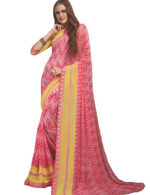 Georgette Digital Saree With Blouse  Pink With Yellow Color Saree only in Bigswipe