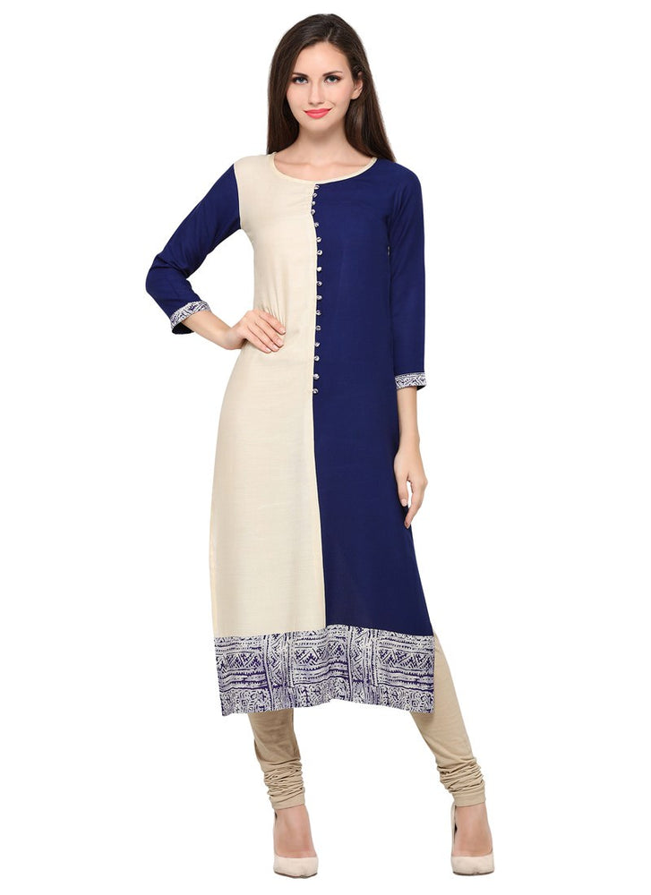 Beige,Navy Blue Color Printed,Border Rayon Kurti only in Bigswipe