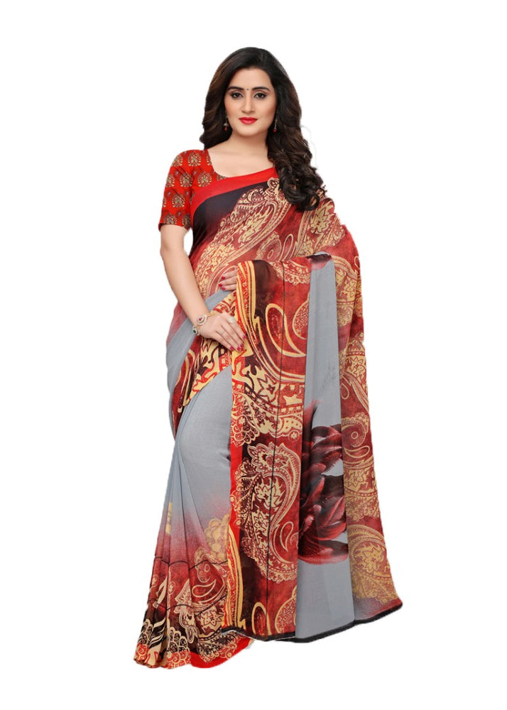 Grey, Red, Multi Color Georgette Printed Work Saree only in Bigswipe