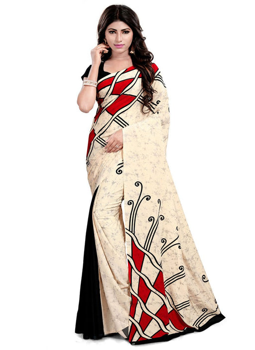 Cream, Red, Black Color Crepe Saree only in Bigswipe