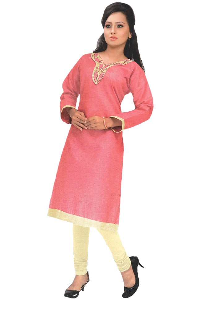 Coral Pink Designer Embroidered Neck Women&rsquo;s  Kurta only in Bigswipe