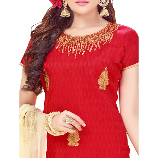 Cotton Jacquard Fabric Red Color Dress Material only in Bigswipe