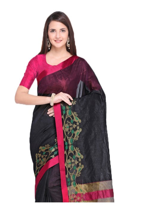 Black Color Tussar Silk (Poly Silk) Jacquard Border Work Saree only in Bigswipe