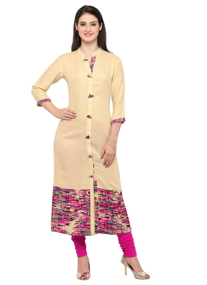 Beige,Multi Color Printed,Buttons Rayon Kurti only in Bigswipe