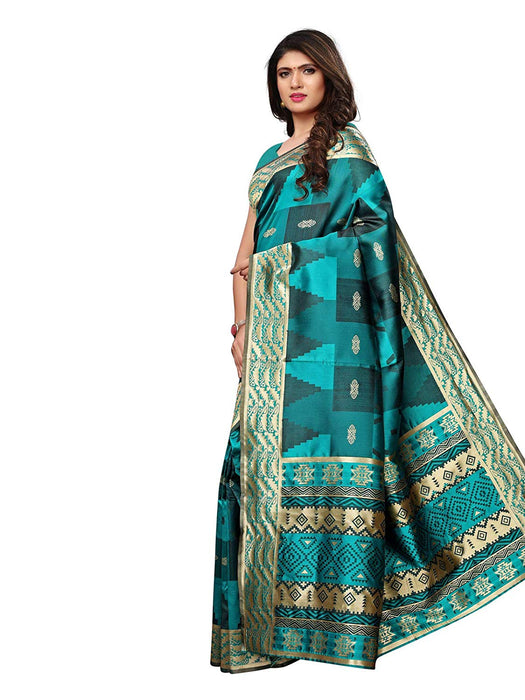 Turquoise, Black Color Poly Silk Saree