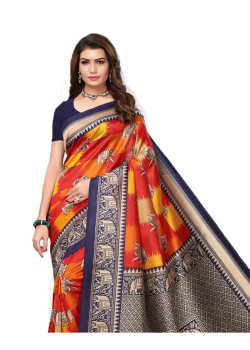 Navy Blue, Red, Multi Color Poly Silk Printed Work Saree only in Bigswipe