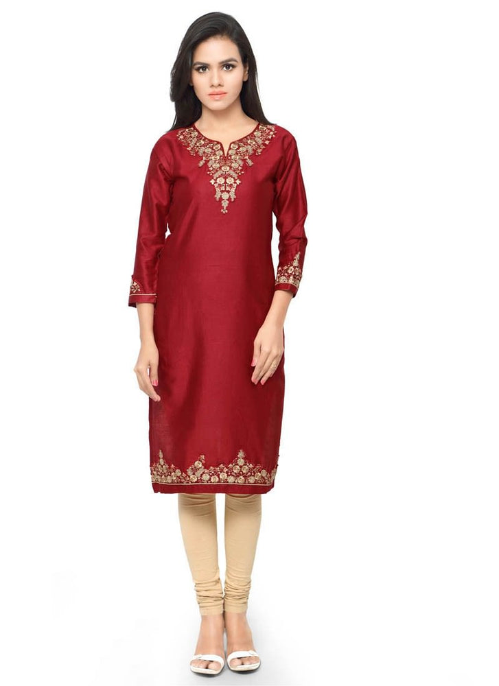 Maroon Color Embroidery Patch Work Glace Cotton Kurti only in Bigswipe