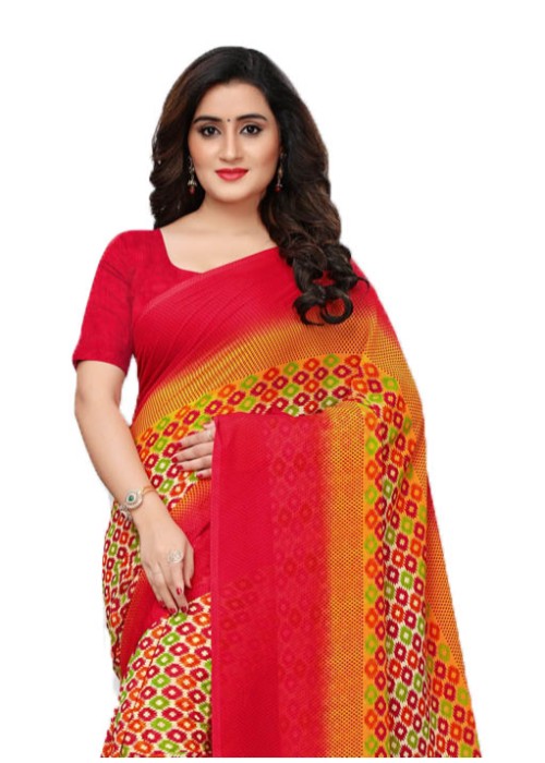 Red, Multi Color Georgette Plain Work Saree