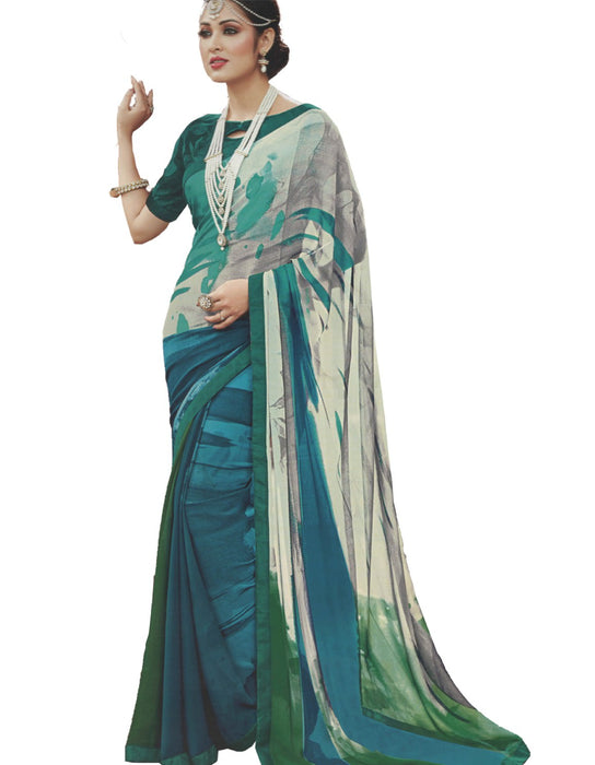 Georgette Digital Saree With Blouse-Dark Green, Multi Color Saree only in Bigswipe