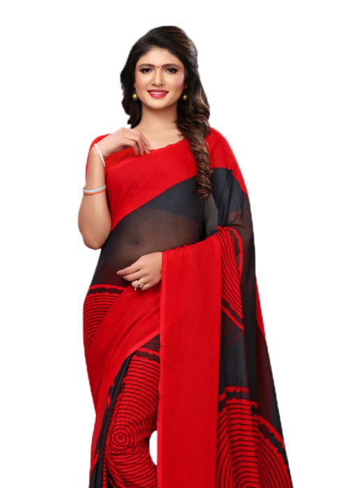 Red, Grey (Dark Grey) Color Georgette Printed Work Saree