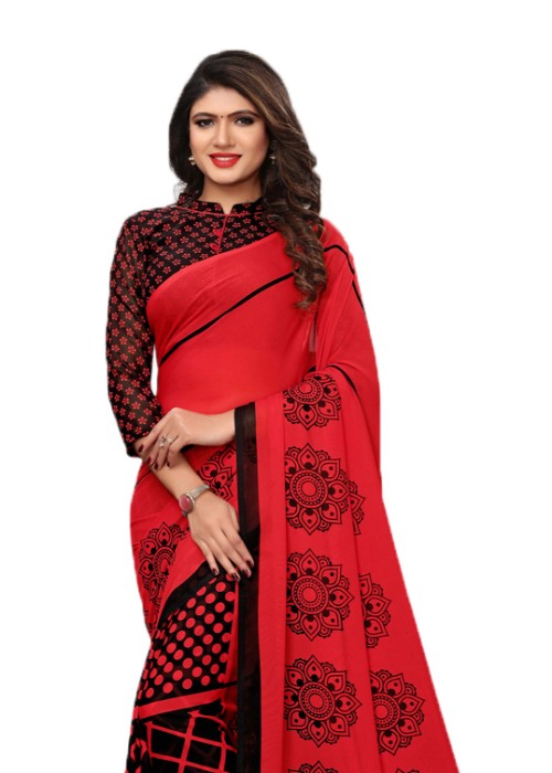 Red, Black Color Georgette Printed Work Saree