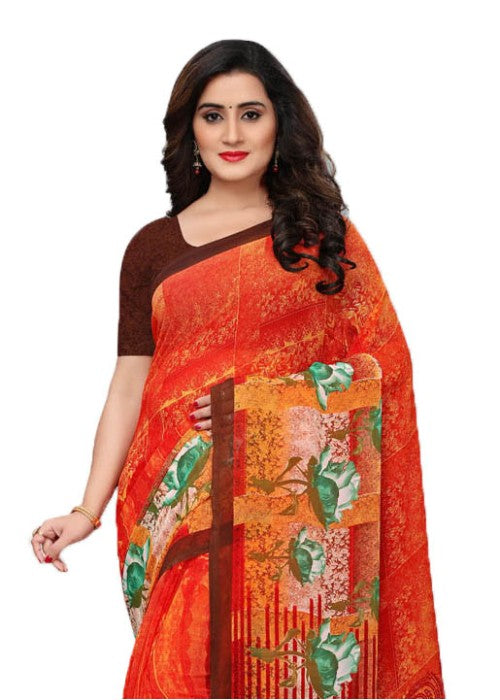 Red, Multi Color Georgette Printed Work Saree