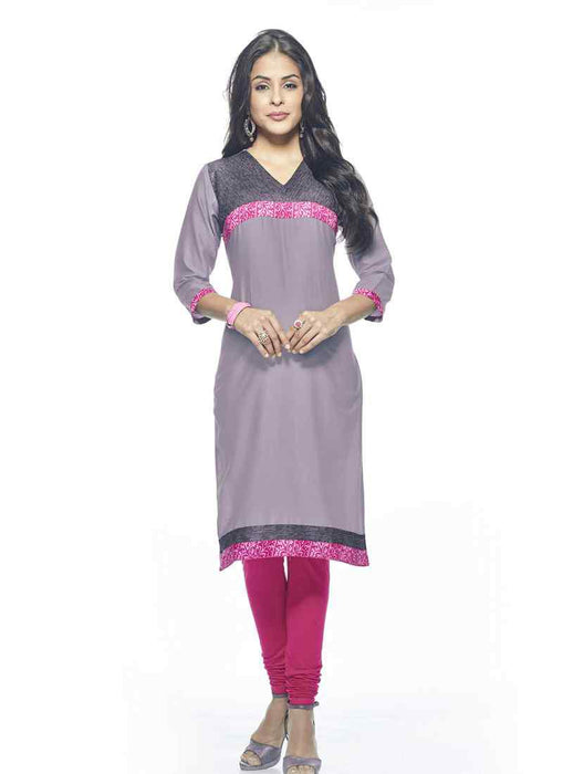 Grey Color Printed Border Glace Cotton,Raw Silk Kurti only in Bigswipe