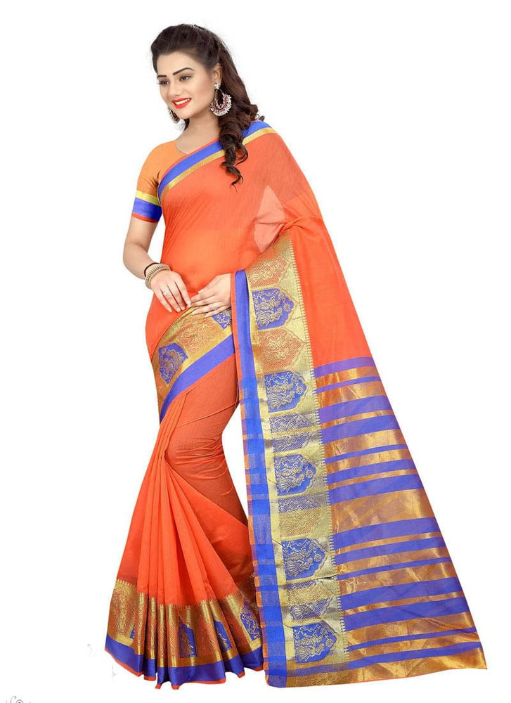 Orange, Blue Color Cotton Silk Saree only in Bigswipe