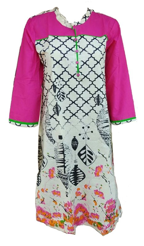 Pink Cotton Printed Round Neck Kurti only in Bigswipe