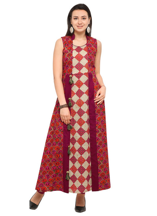 Maroon, Multi Color Printed, Buttons Cotton Kurti only in Bigswipe