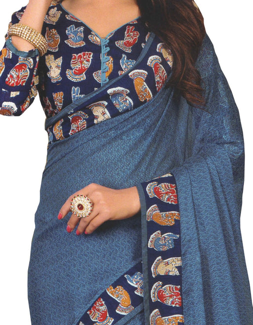 Designer Printed Saree With Blouse Dark Blue Color only in Bigswipe