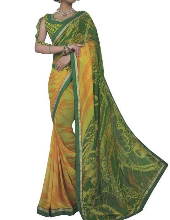 Chiffon Digital Color Printed Saree-Yellow,Green only in Bigswipe