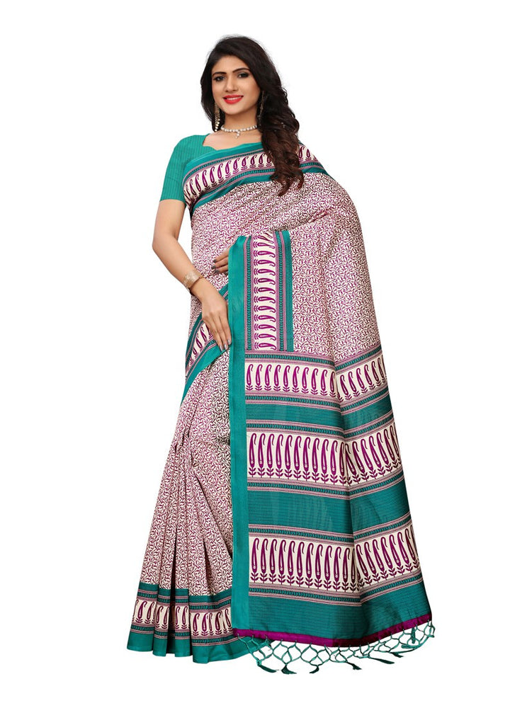 Beige, Turquoise Color  Poly Silk Saree only in Bigswipe