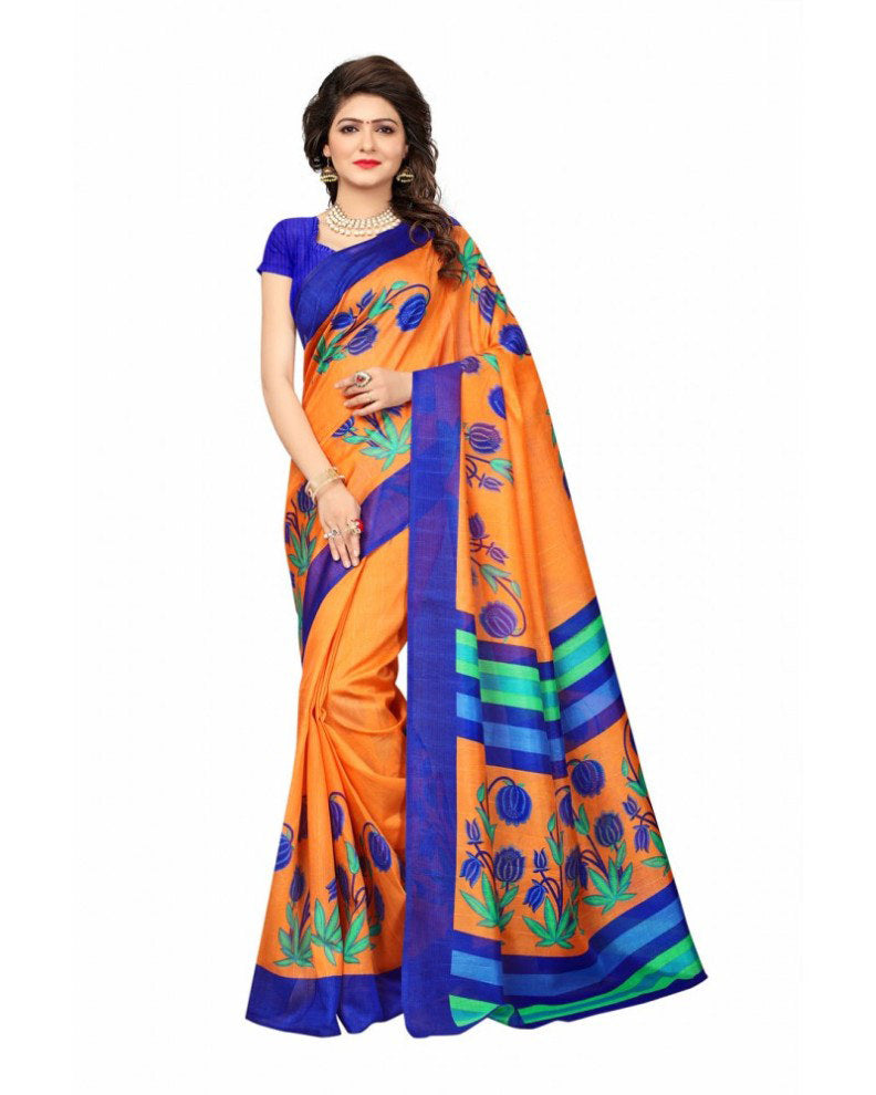 Printed Bhagalpuri Art Silk Orange with BlueColor Saree only in Bigswipe