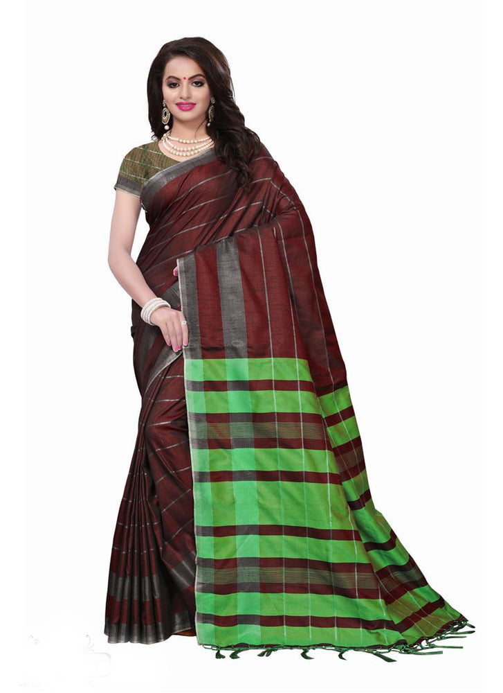 Brown, Green Color  Poly Linen Saree only in Bigswipe