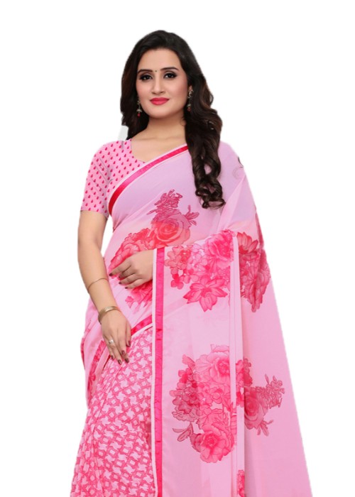 Pink Color Georgette Printed Work Saree only in Bigswipe